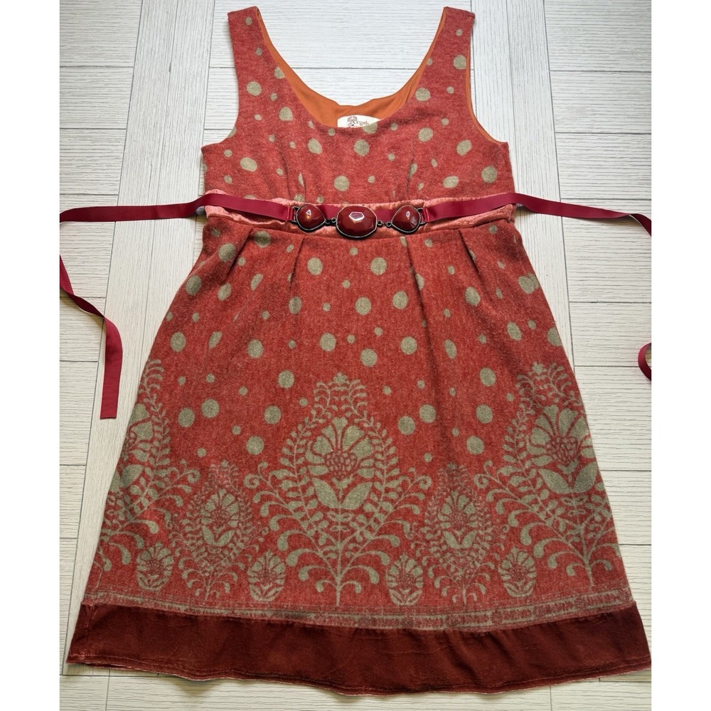 Anthropologie Aryeh Sleeveless Dress L Velvet Trim Jeweled Tie Back‎ Dot Boho